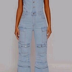 90s Y2K  Wide Leg Corset Denim Cargo Jumpsuit Coverall Streetwear Strapless S